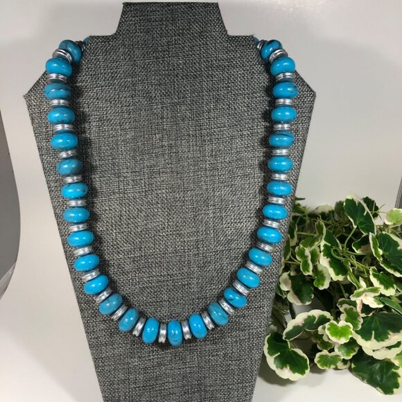 Faux Turquoise Beaded Necklace Chunky Blue Statement Silver Tone Spacer Jewelry - Picture 1 of 4